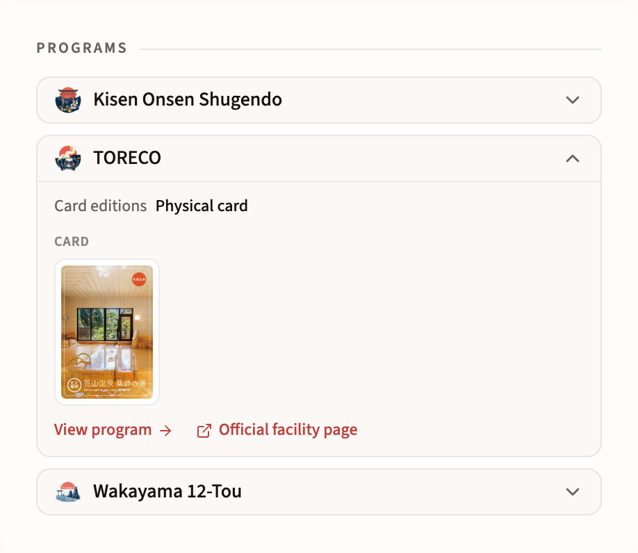 A facility's TORECO card in the programs section of its place page on Onsen Oni