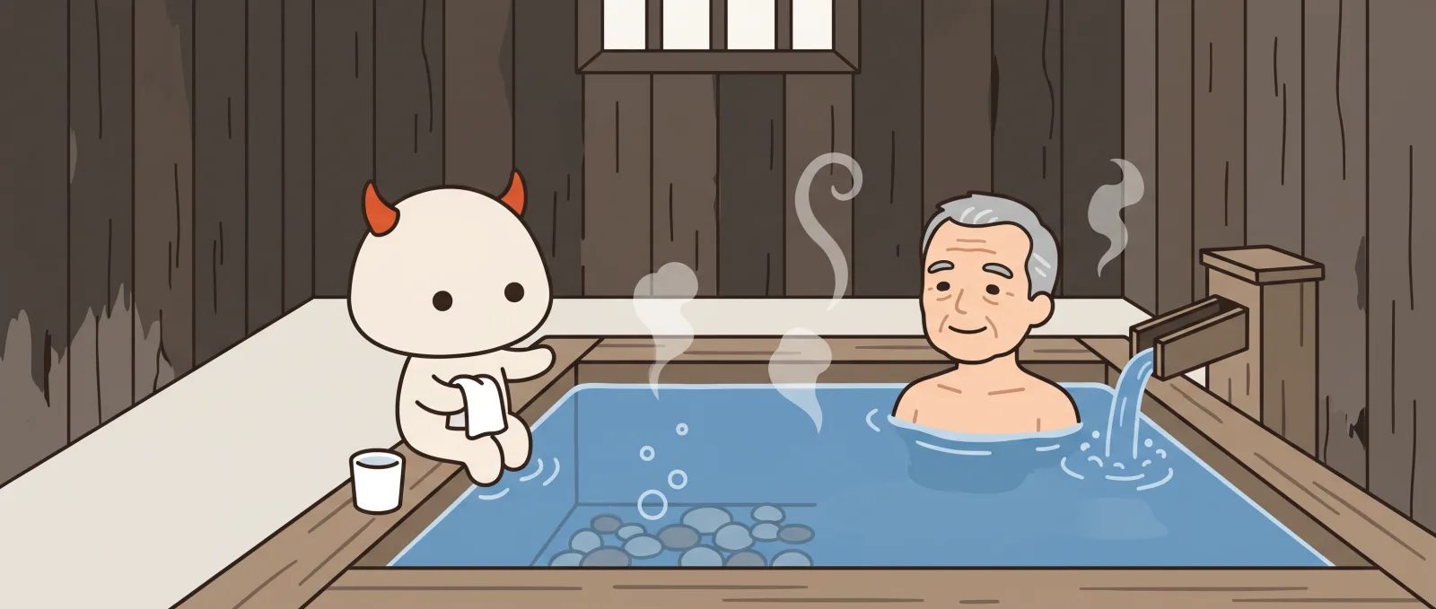 The Onsen Oni character sits on the rim of a small wooden communal bath with its towel and a white cup, politely waving an elderly local into the spot by the spout