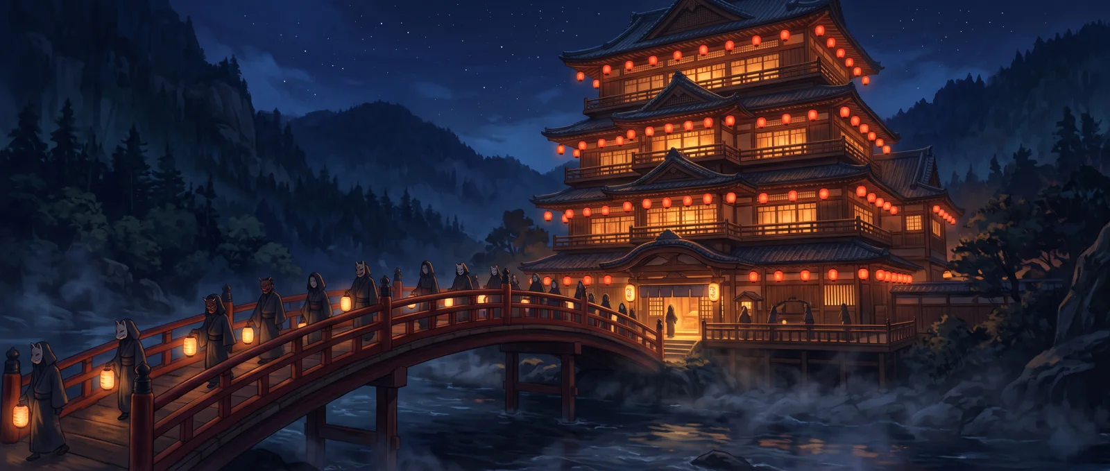 提灯を提げた面の妖たちが、夜、明かりの灯る木造の湯屋へ赤い橋を渡っていく